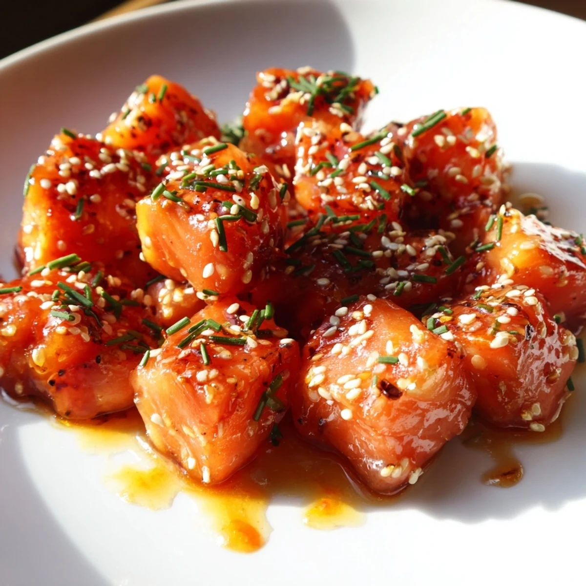 Juicy hot honey salmon bites coated in a caramelized sweet and spicy sauce