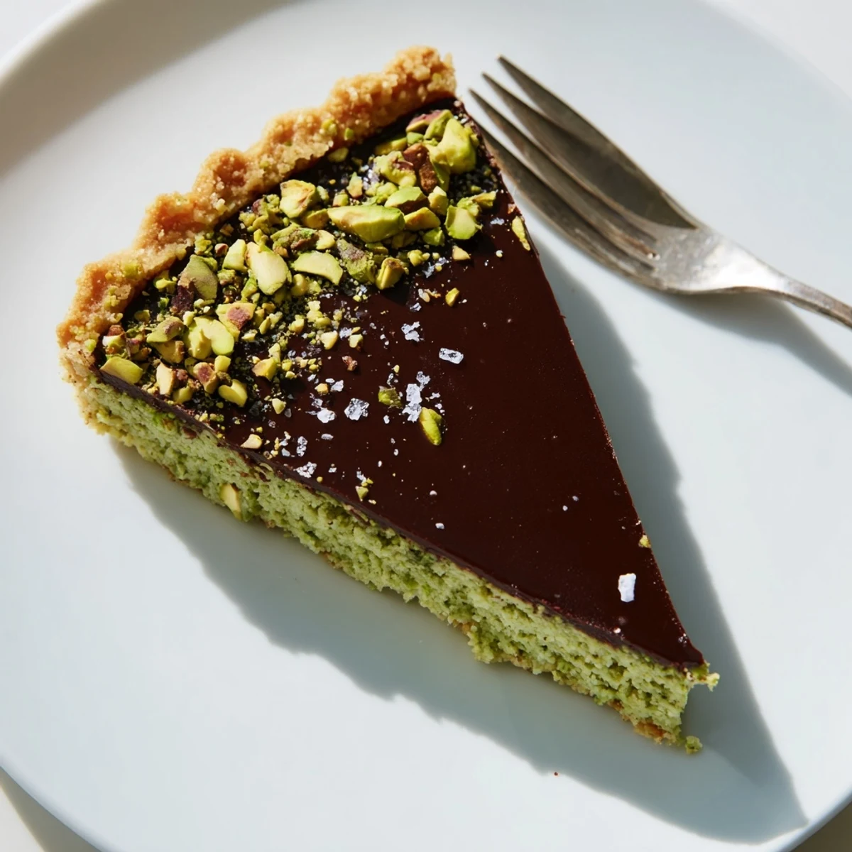 Dark chocolate pistachio tart with glossy ganache filling in a buttery golden crust
