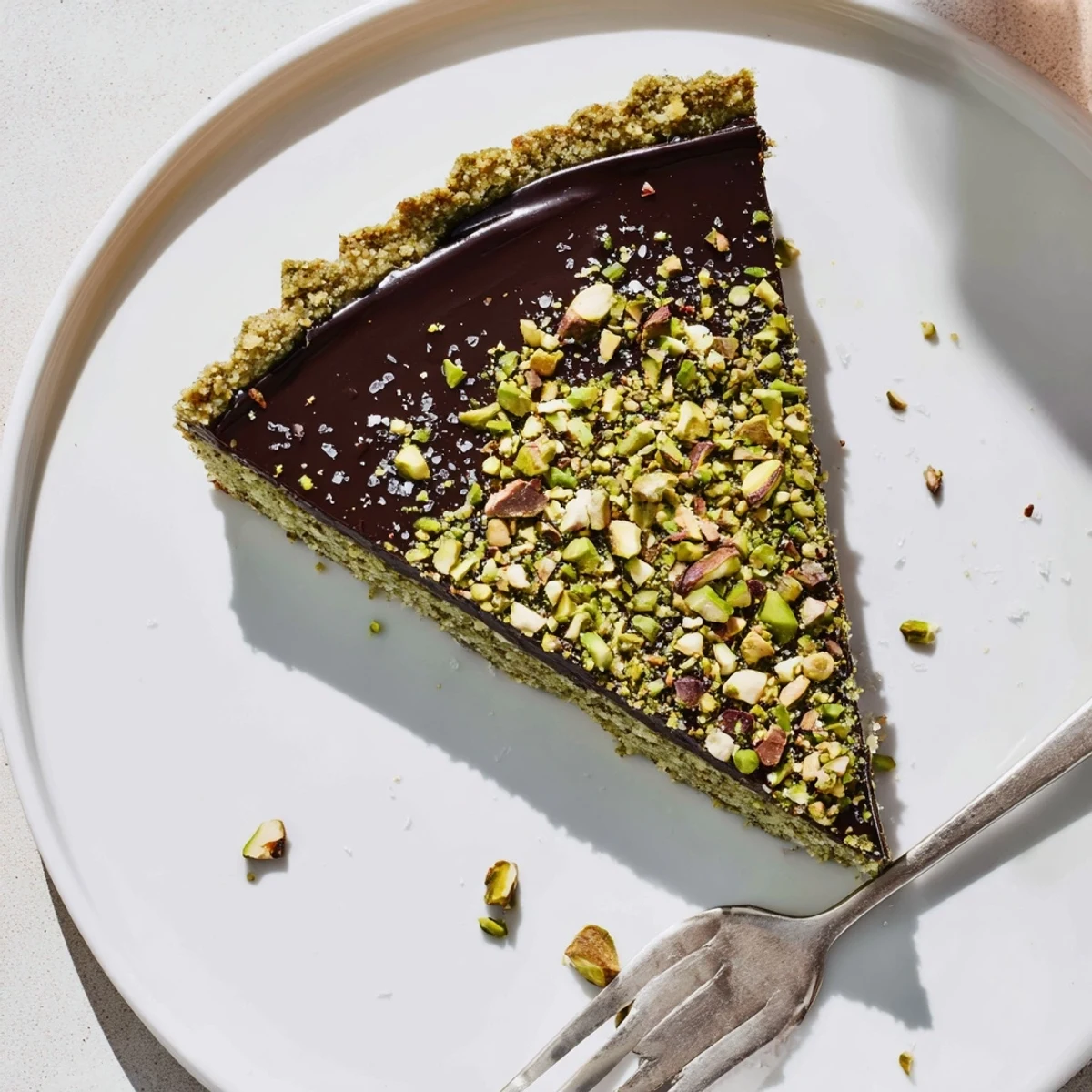Elegant dark chocolate pistachio tart topped with chopped nuts and flaky sea salt