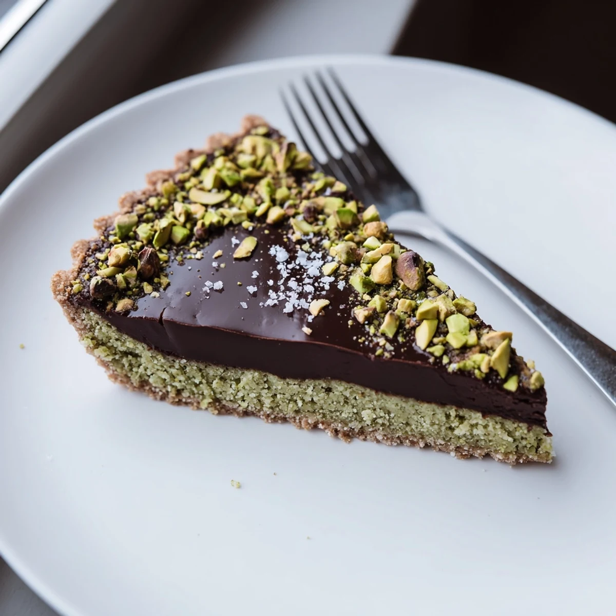 Silky dark chocolate pistachio tart sliced and garnished with crushed green nuts