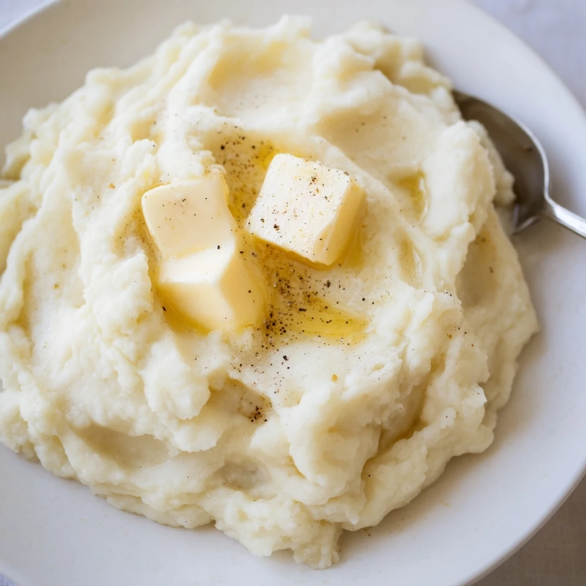 Creamy velvety mashed potatoes piled high in a bowl with melted butter drizzling down the sides