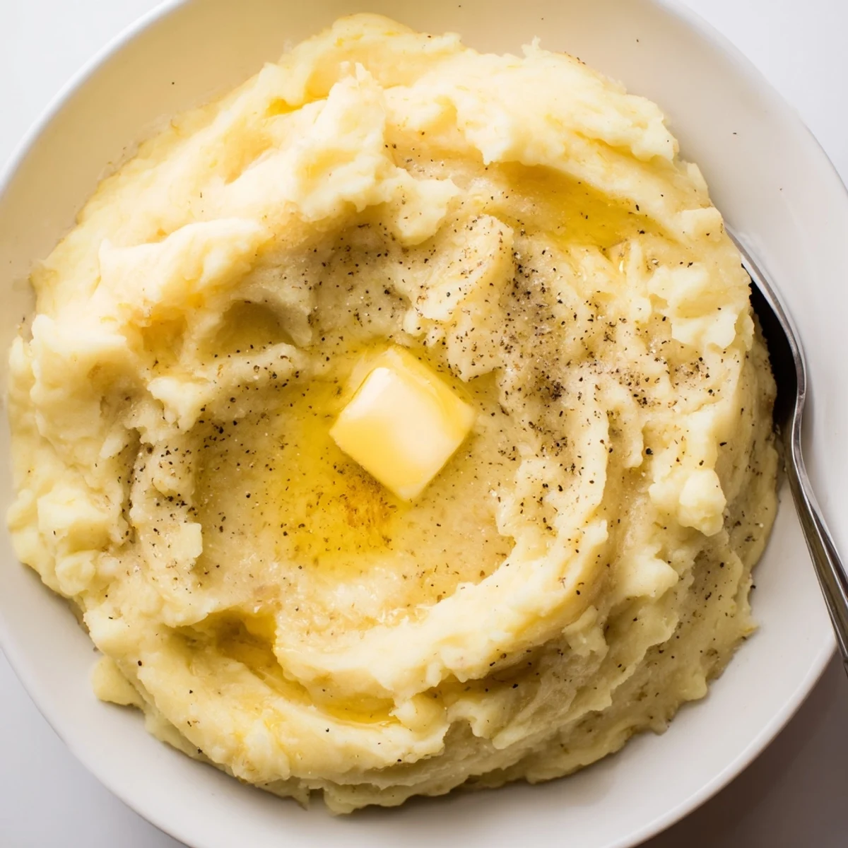 Silky velvety mashed potatoes served steaming hot alongside roasted chicken and fresh herb garnish
