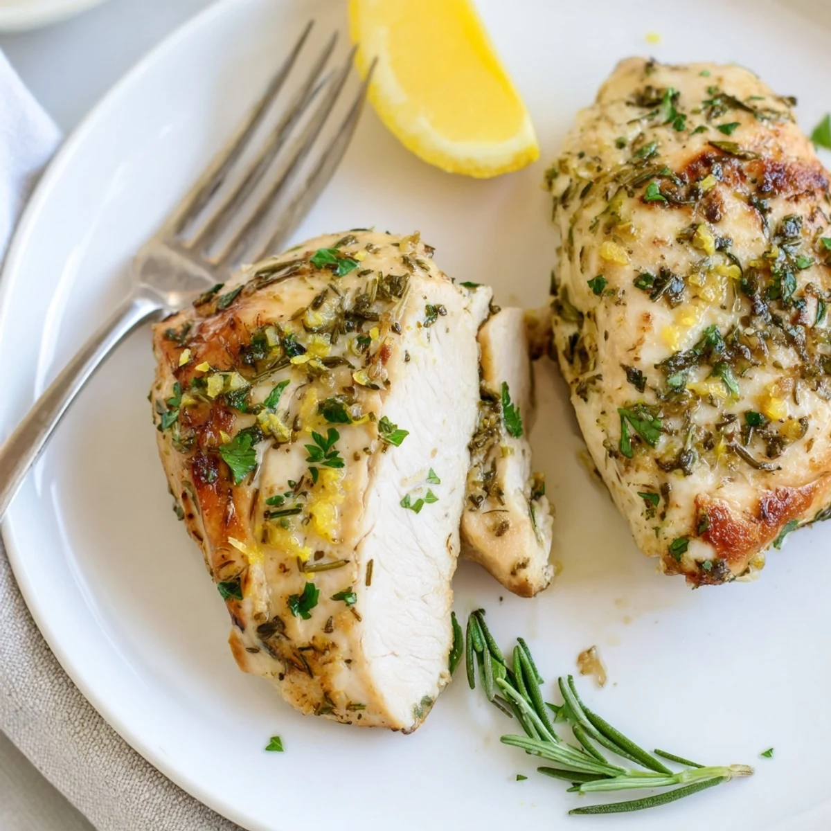 Golden savory garlic herb chicken fresh from the oven, garnished with parsley and lemon wedges