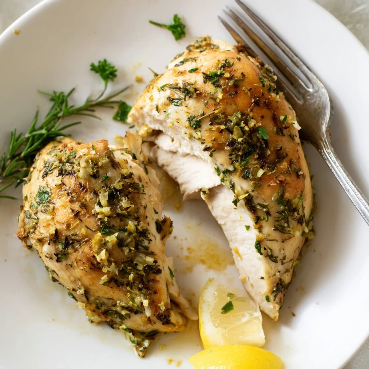 Juicy savory garlic herb chicken sliced open to reveal tender meat with fragrant herb butter