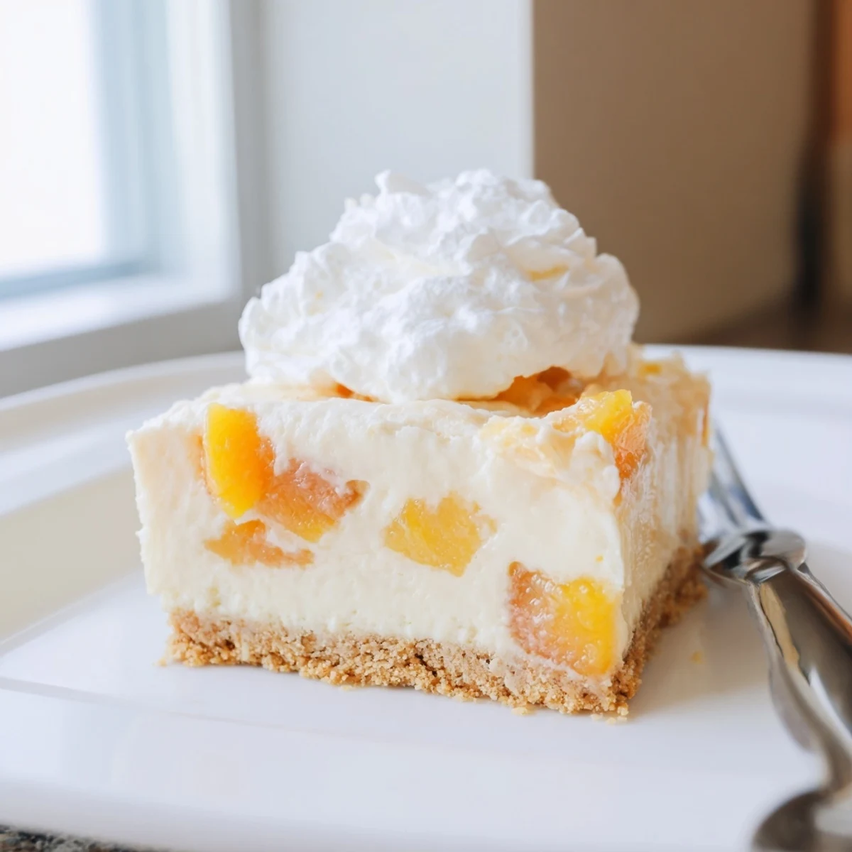 Creamy Peaches and Cream Cheesecake Bars sliced on a rustic summer dessert board