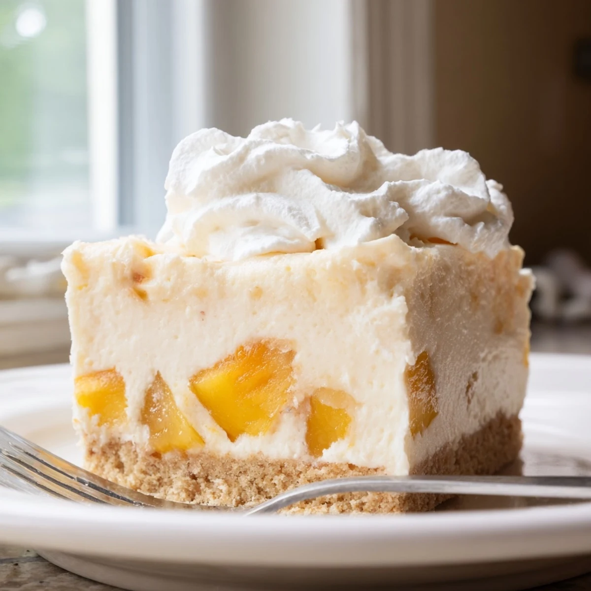 Golden graham crust cradles rich Peaches and Cream Cheesecake Bars with fresh peach topping