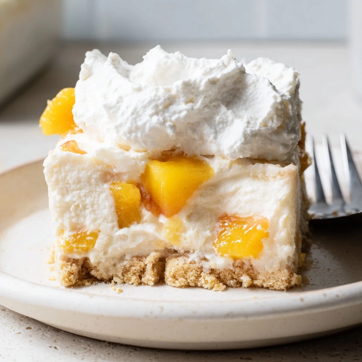 Chilled Peaches and Cream Cheesecake Bars topped with pillowy whipped cream and ripe peach slices
