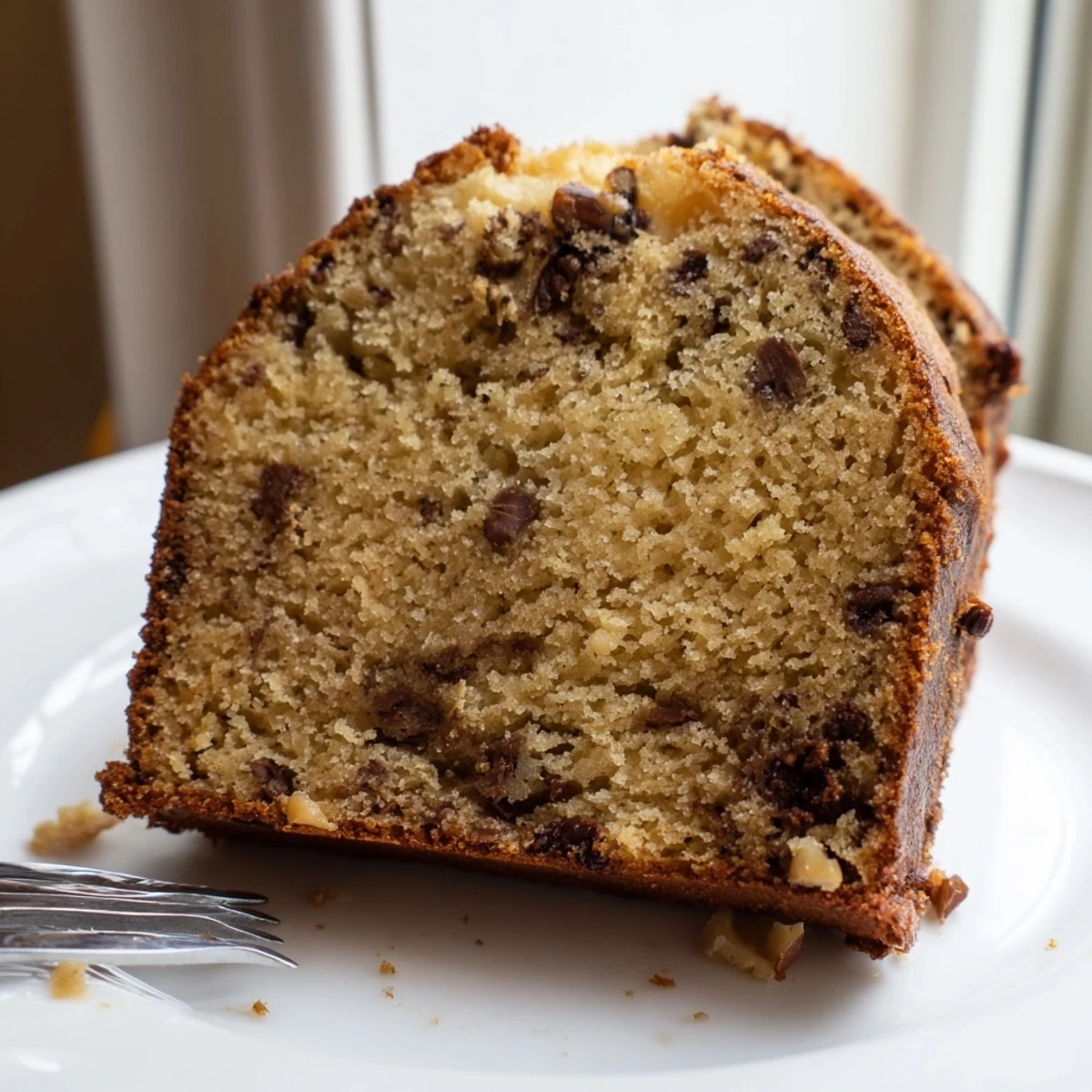 Warm banana cake served on a rustic plate with a fork nearby