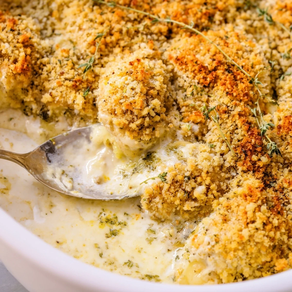 Golden crispy Chicken Kiev Casserole fresh from the oven with garlic herb butter