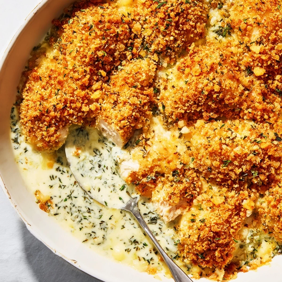 Creamy Chicken Kiev Casserole topped with crunchy panko breadcrumbs in a baking dish