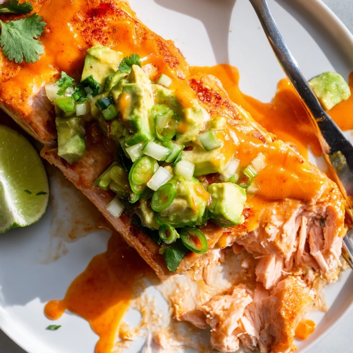 Crispy edged salmon fillet dripping with spicy bang bang sauce and fresh green salsa