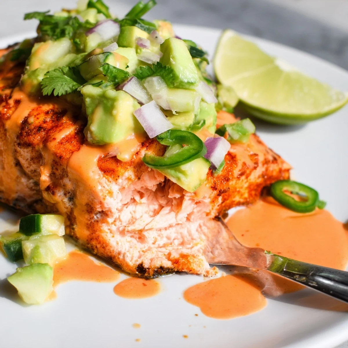 Perfectly baked bang bang salmon topped with cool avocado cucumber salsa on a plate
