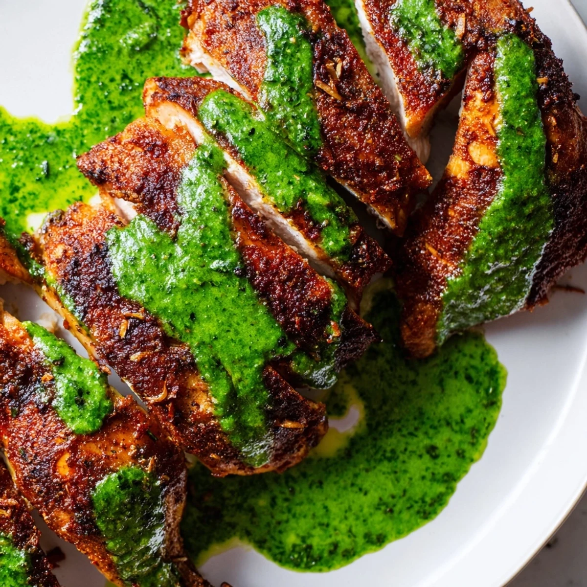 Tender Peruvian Chicken Delight served on a platter with vibrant aji verde sauce