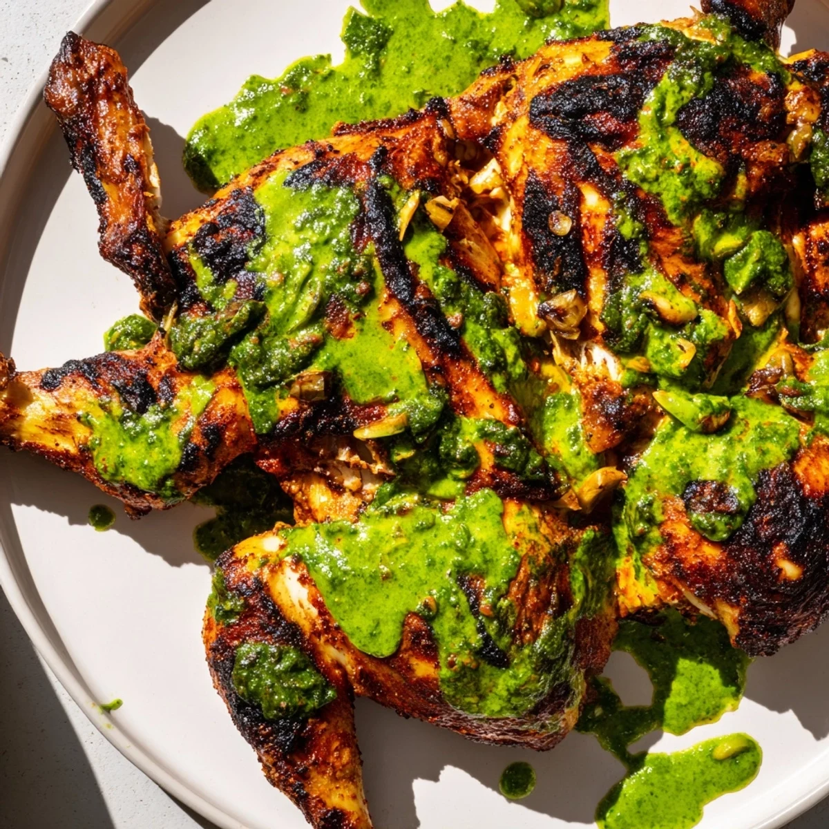 Juicy Peruvian Chicken Delight sliced and drizzled with creamy cilantro green sauce