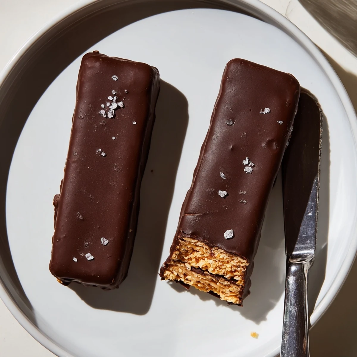 Crunchy Healthy Homemade Butterfingers coated in rich chocolate and sprinkled with flaky sea salt