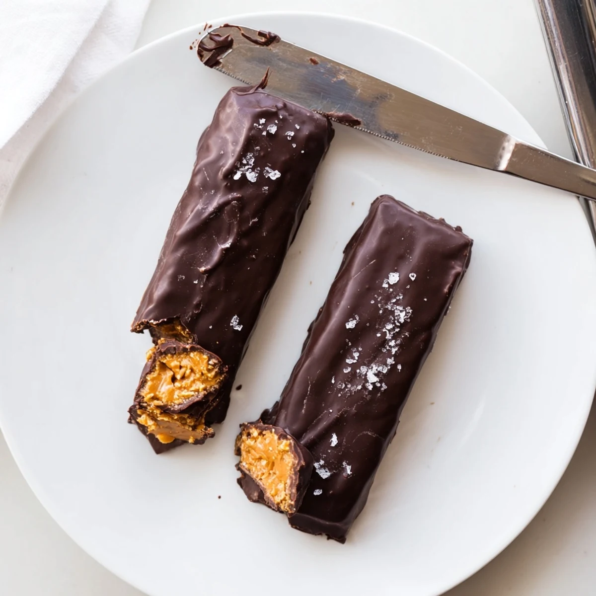 Healthy Homemade Butterfingers bars dipped in glossy dark chocolate on a rustic cutting board