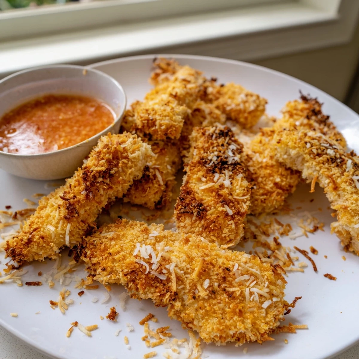 Golden crunchy coconut chicken strips served hot with sweet chili dipping sauce