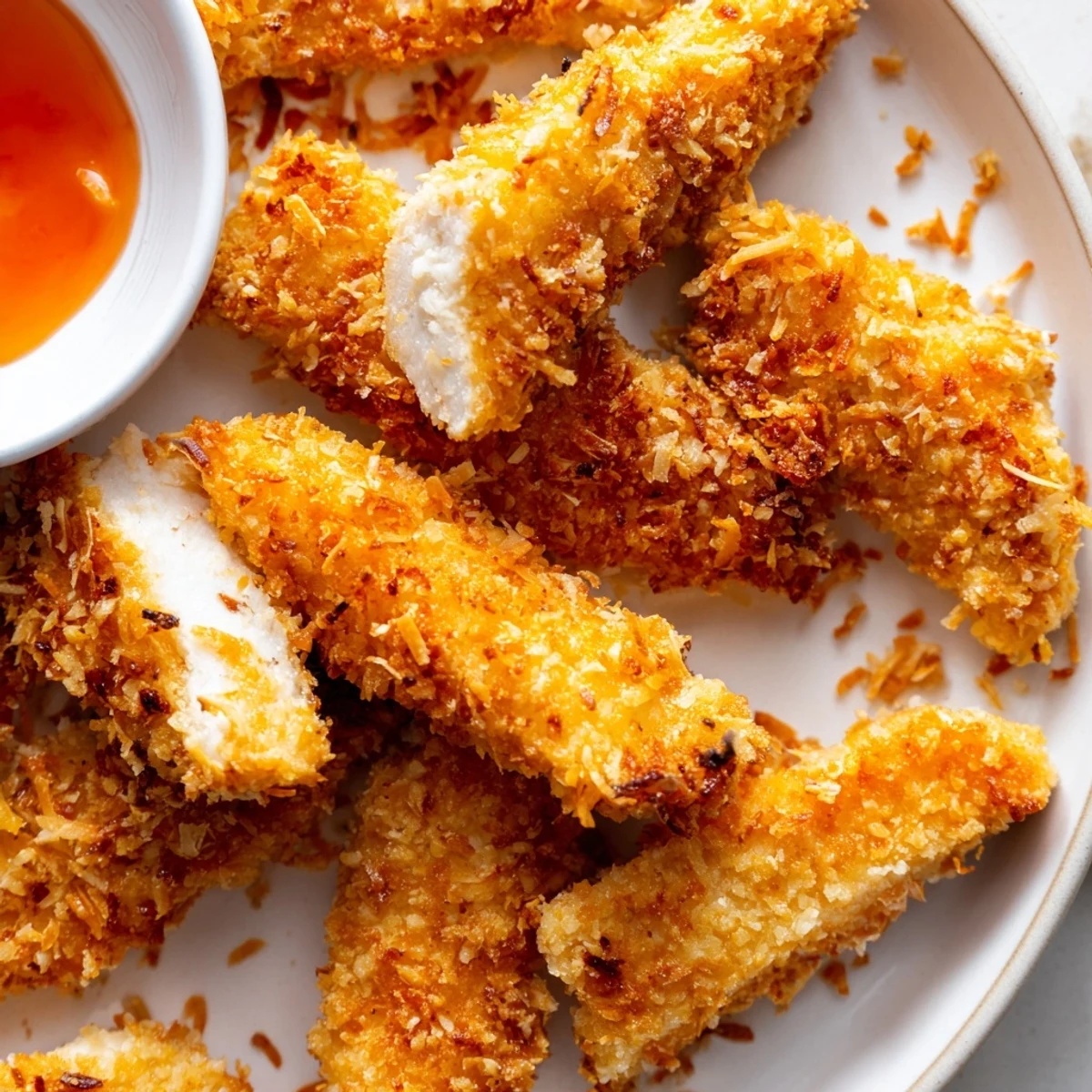 Crispy coconut chicken tenders fresh from the skillet on a rustic plate