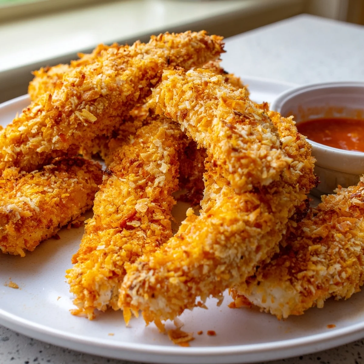 Juicy crunchy coconut chicken pieces arranged over a bed of fresh greens