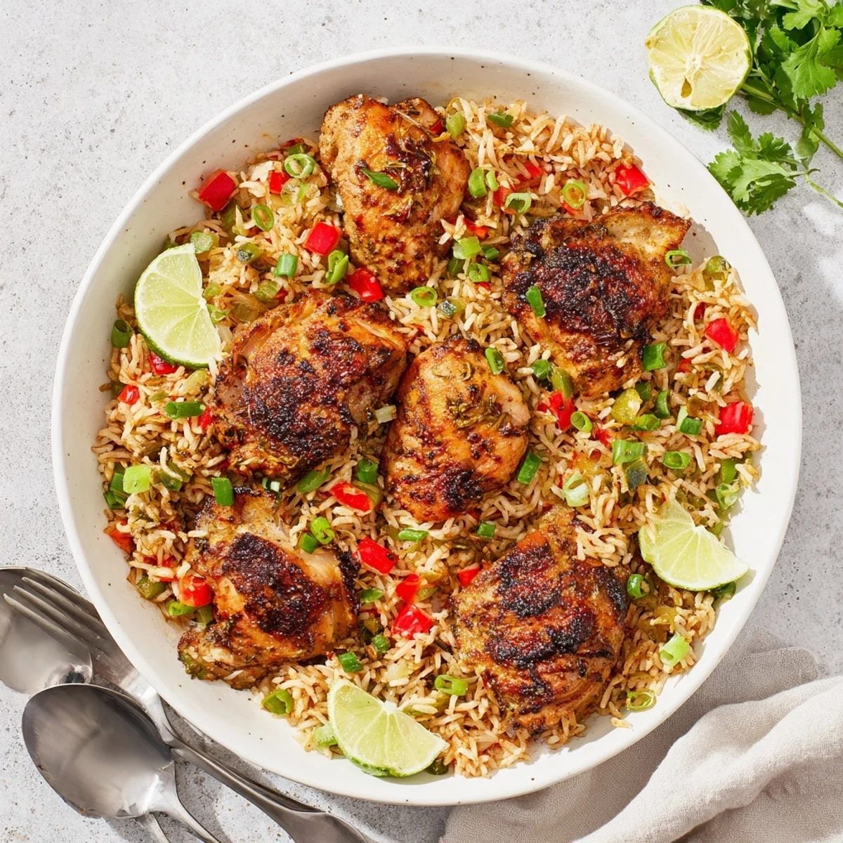 Spicy jerk chicken rice served in a skillet with fresh lime wedges and herbs