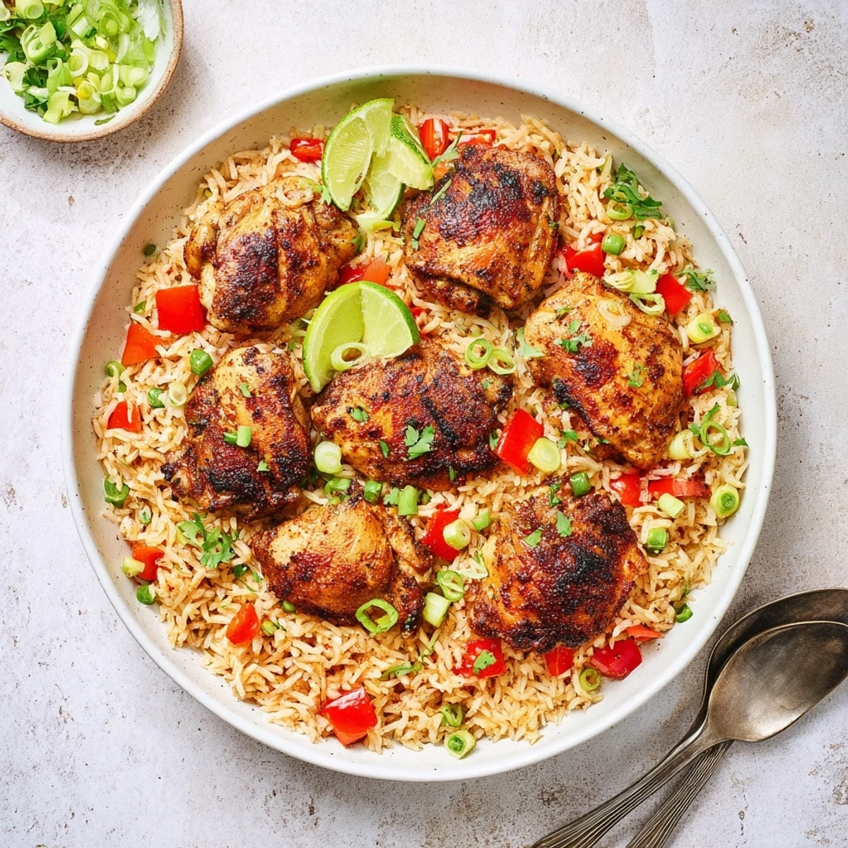 Tender jerk-spiced chicken thighs nestled in fragrant coconut rice with colorful bell peppers