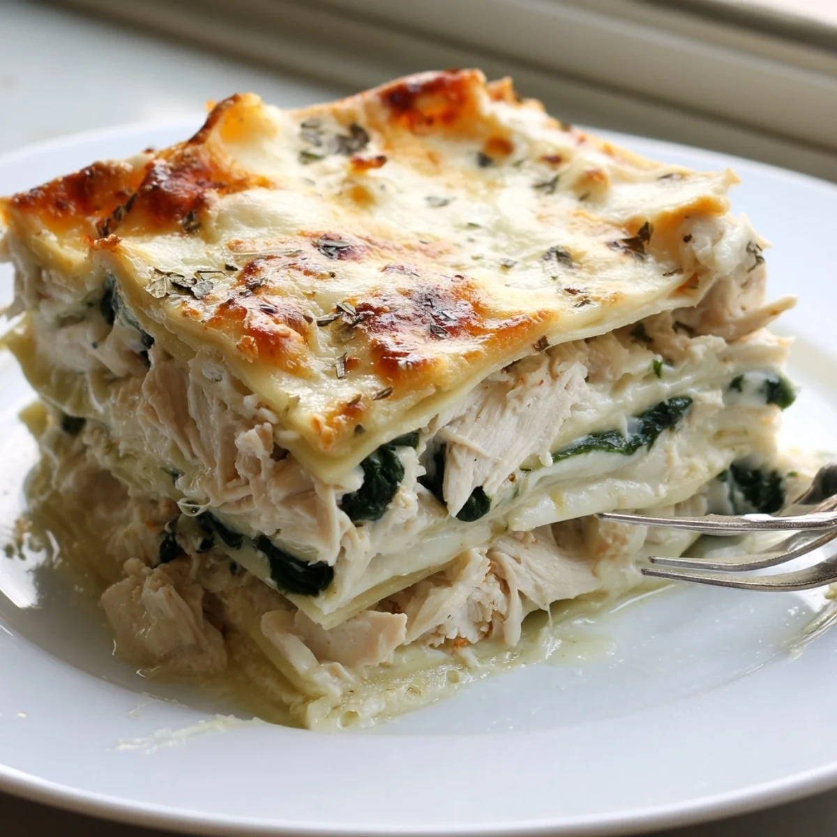 White Chicken Lasagna with golden bubbling cheese layers fresh from the oven