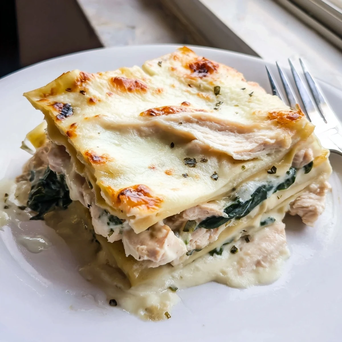 Creamy White Chicken Lasagna sliced to reveal tender spinach and ricotta filling