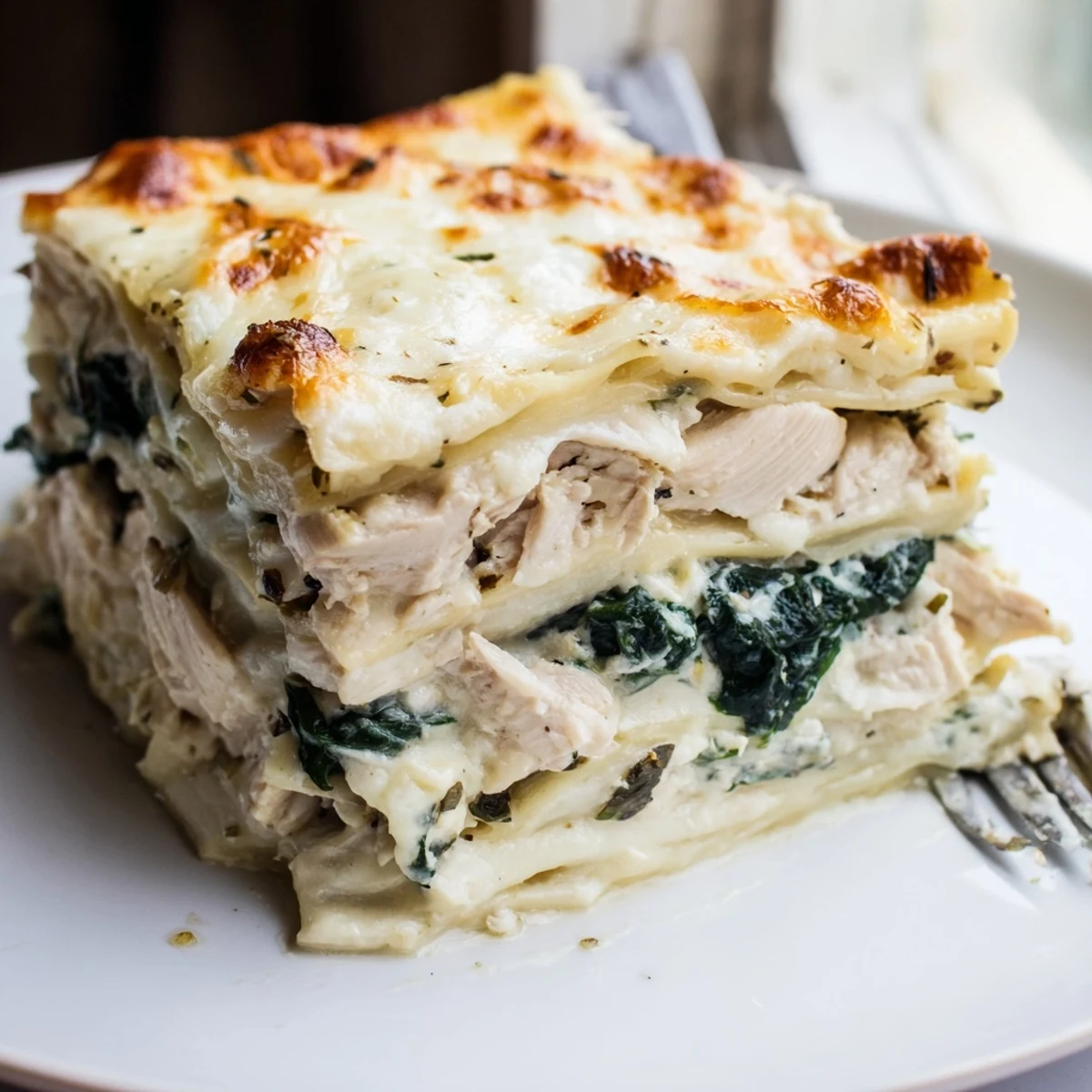 White Chicken Lasagna topped with melted mozzarella and herbs on a rustic plate