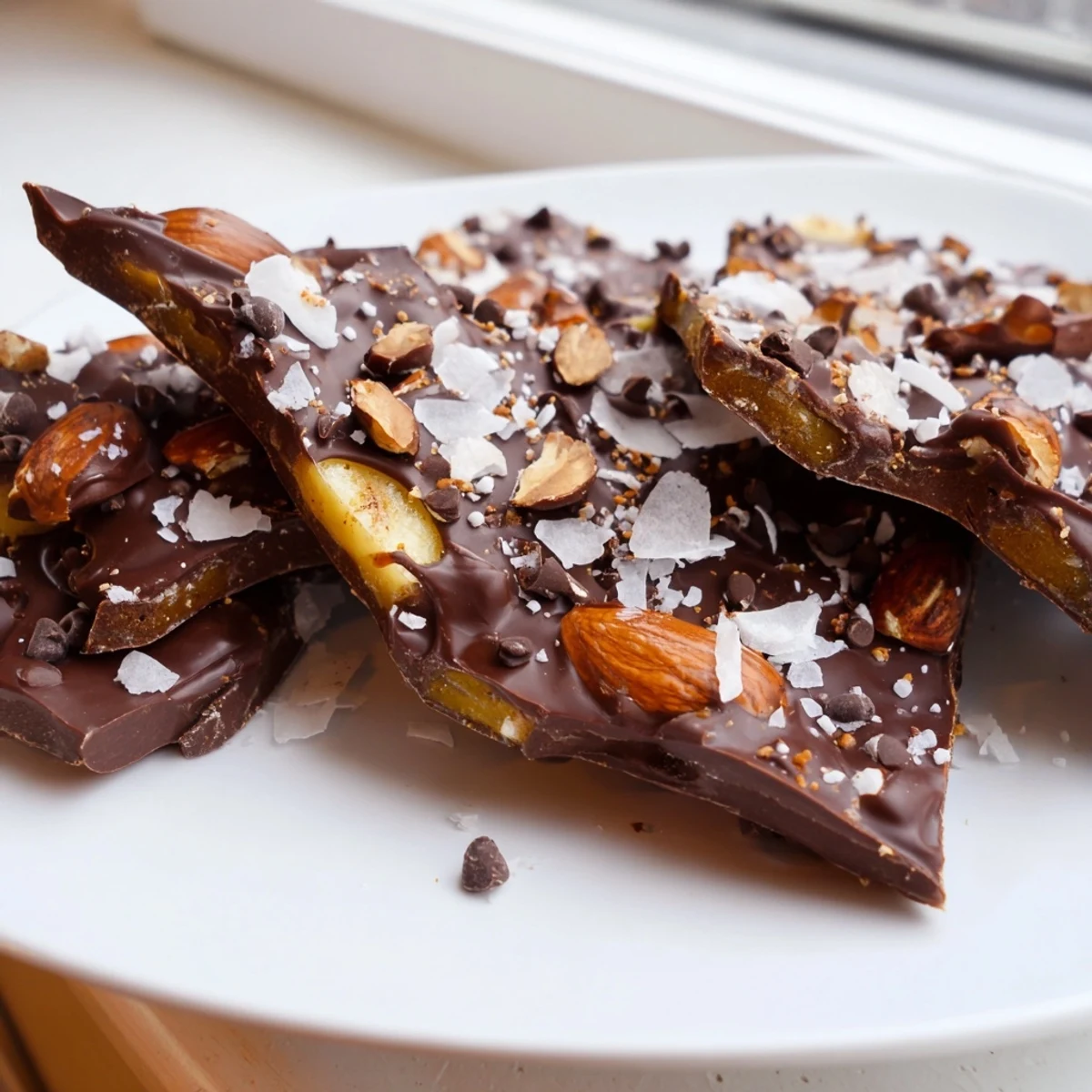 Creamy melted chocolate drizzled over ripe banana slices studded with crunchy toppings