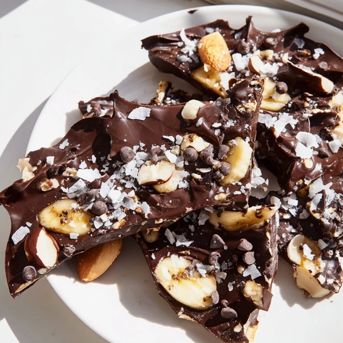 Rich chocolate banana bark topped with roasted nuts and flaky sea salt