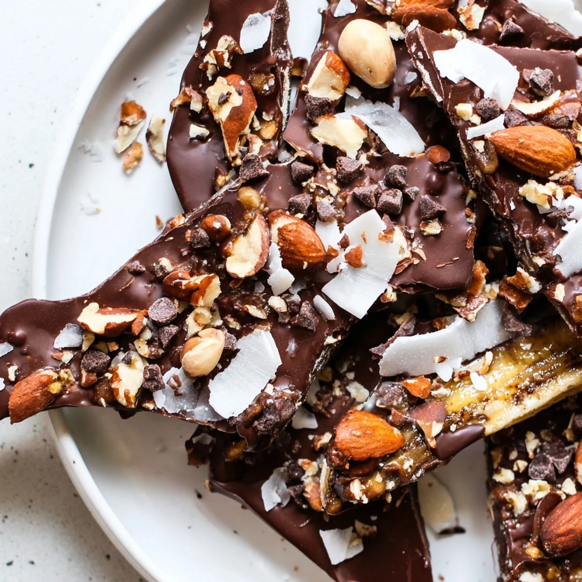 Glossy dark chocolate banana bark broken into rustic shards sprinkled with coconut