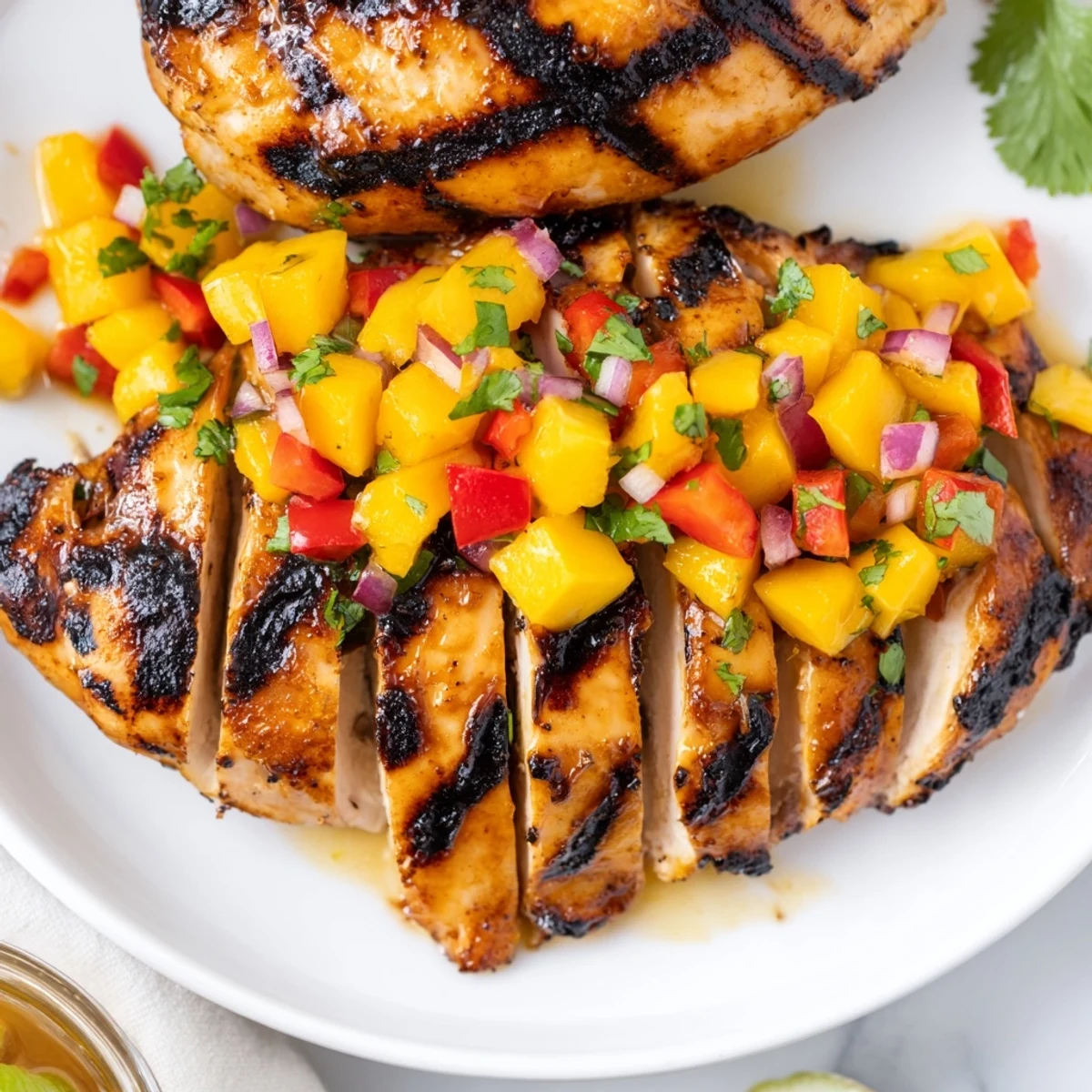 Golden honey lime chicken with colorful mango salsa on a rustic plate