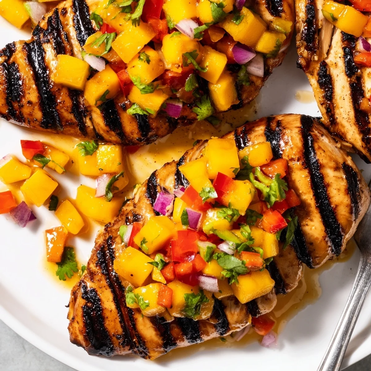 Grilled honey lime chicken sliced and topped with vibrant mango salsa