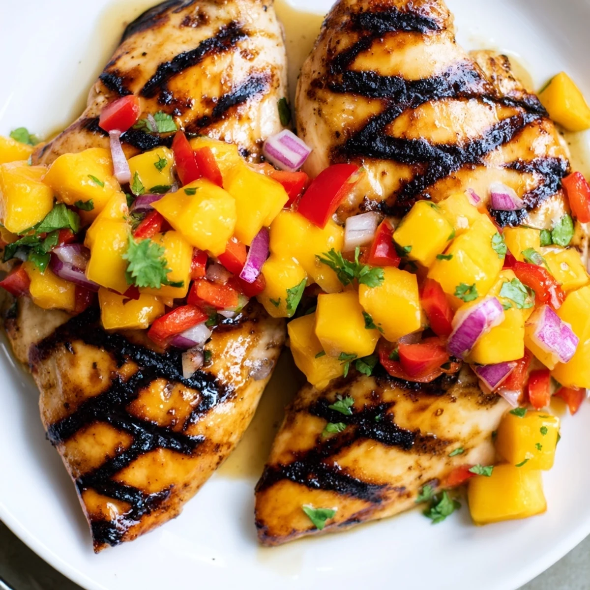 Juicy honey lime chicken resting alongside fresh sweet and zesty mango salsa