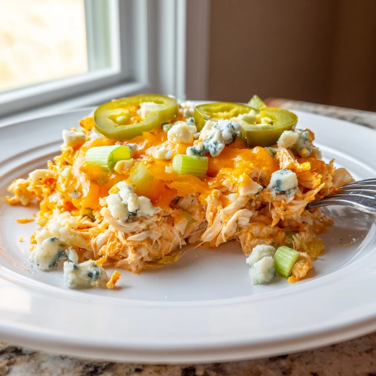 Golden bubbly Jalapeno Buffalo Chicken Casserole fresh from the oven with melted cheddar