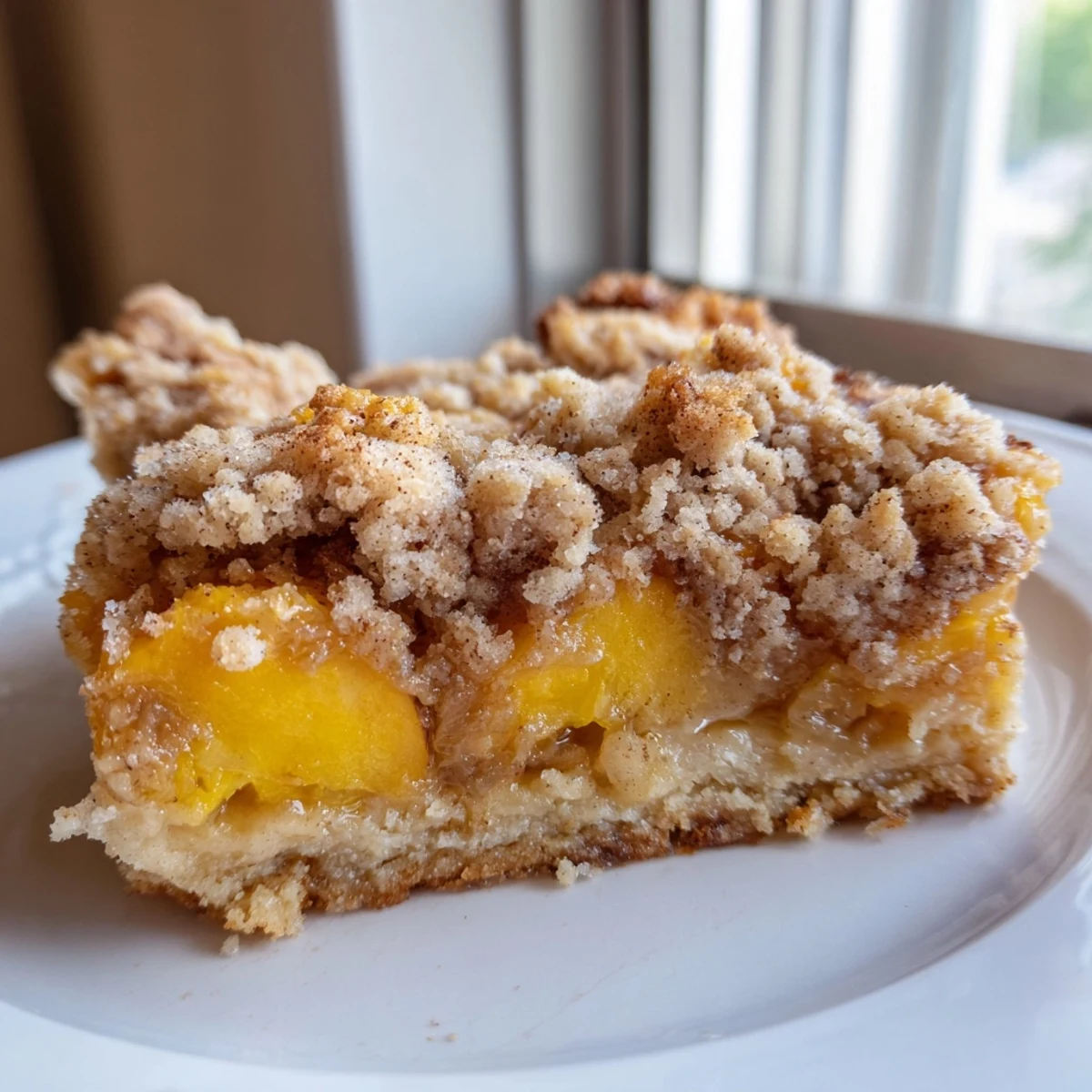 Sweet and buttery peach bars with cinnamon streusel dusted with powdered sugar