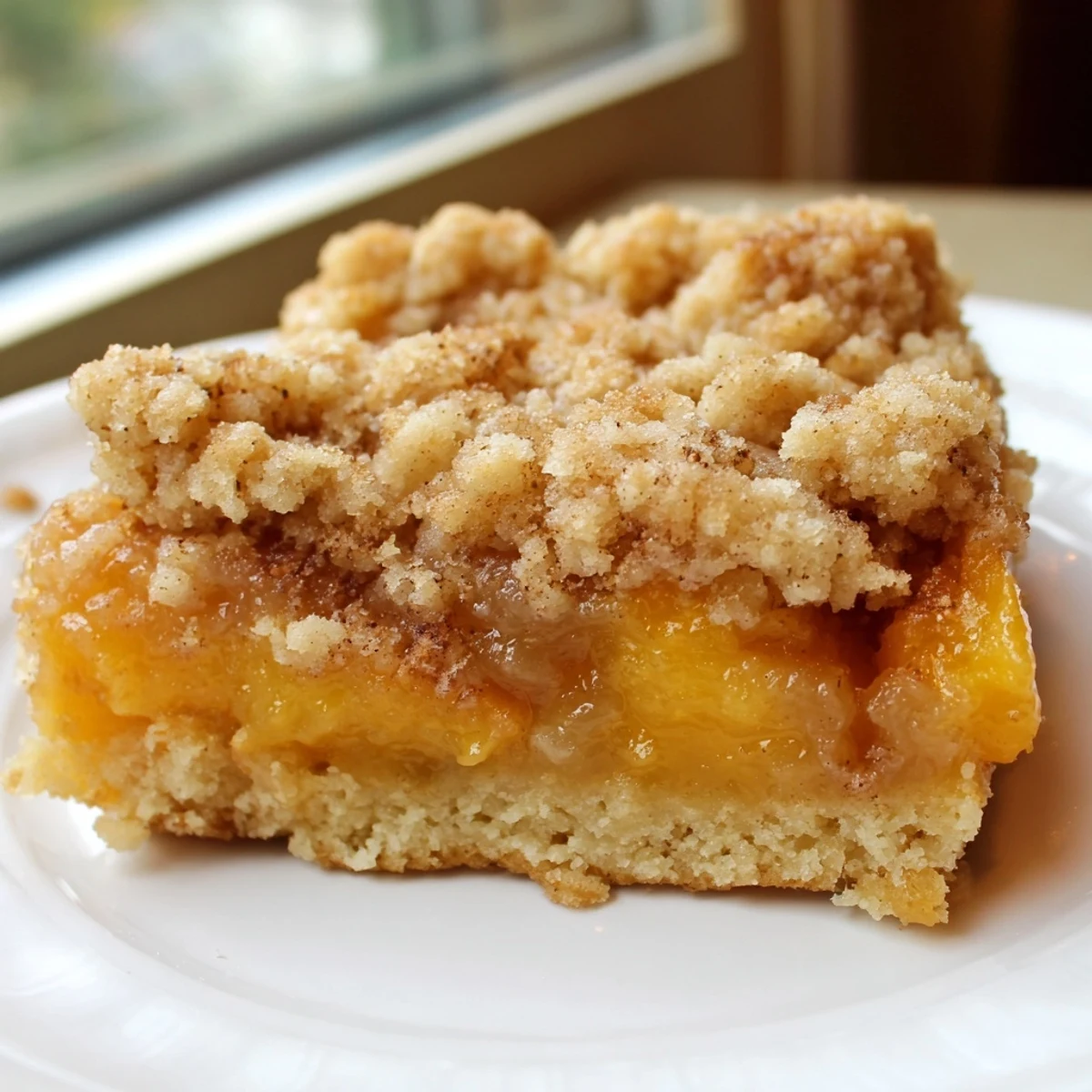 Golden sweet and buttery peach bars with cinnamon streusel fresh from the oven