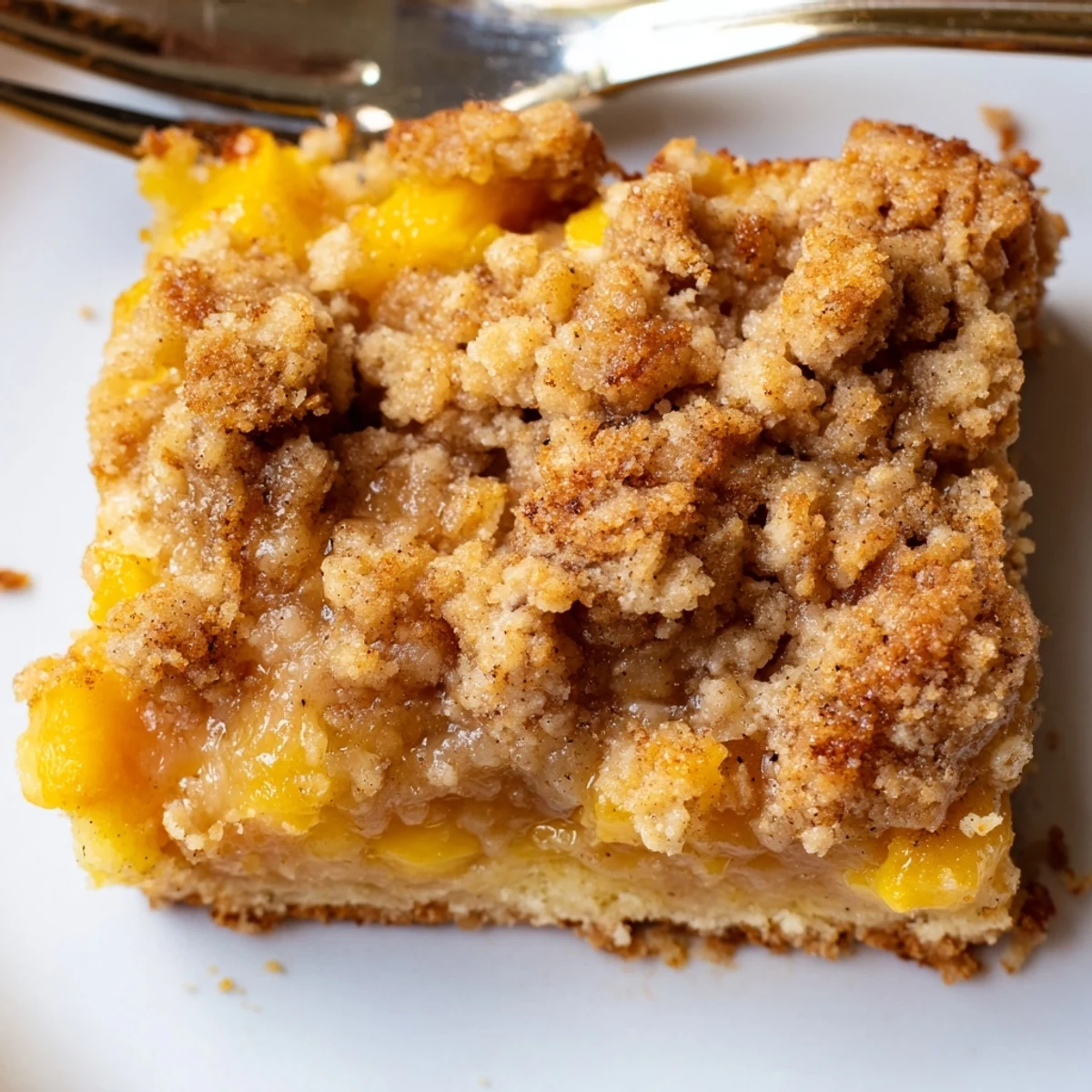 Warm sweet and buttery peach bars with cinnamon streusel served alongside vanilla ice cream