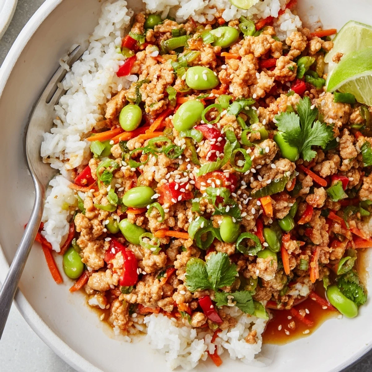 Hearty ground turkey rice bowls loaded with colorful vegetables and drizzled sesame sauce