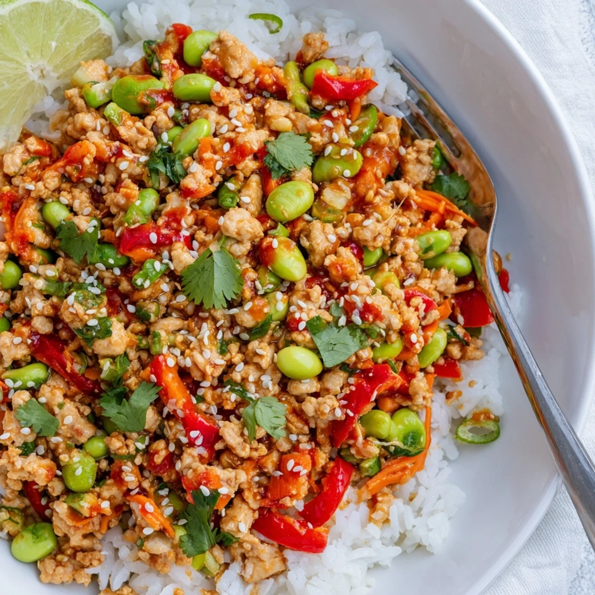 Steaming ground turkey rice bowls topped with fresh cilantro green onions and sesame seeds