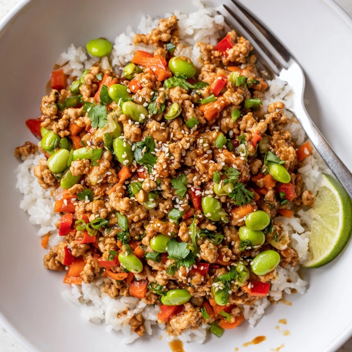Savory ground turkey rice bowls served over fluffy white rice with bright bell peppers