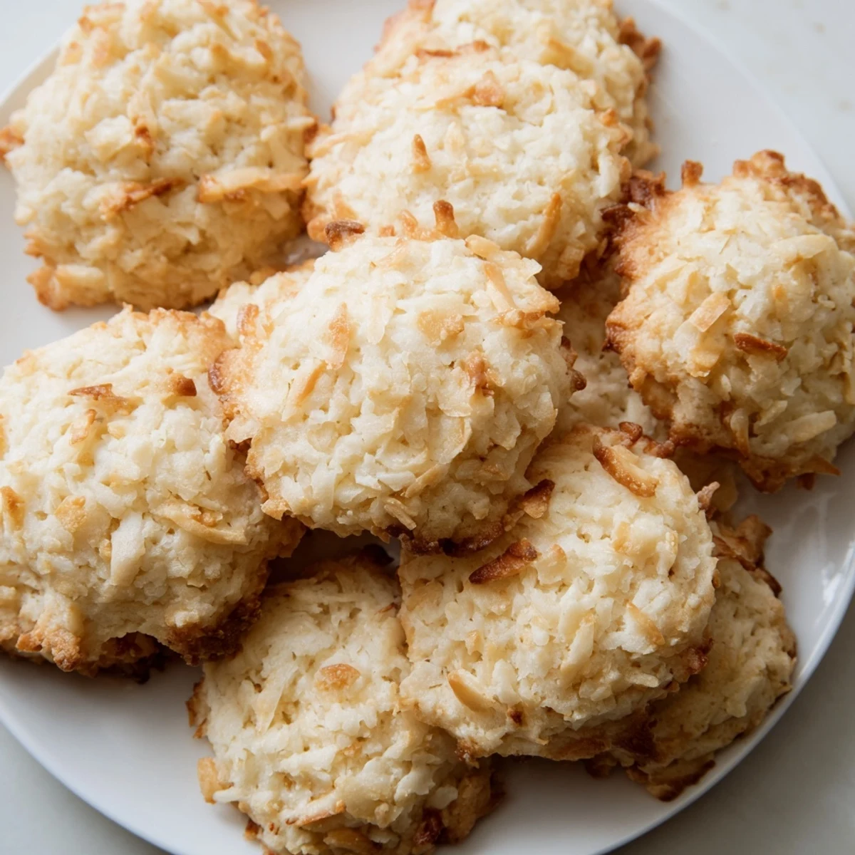 Golden soft and buttery coconut cookies with crisp edges on a parchment-lined baking sheet