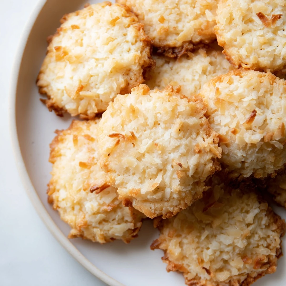 Soft and buttery coconut cookies arranged on a rustic plate for an afternoon treat