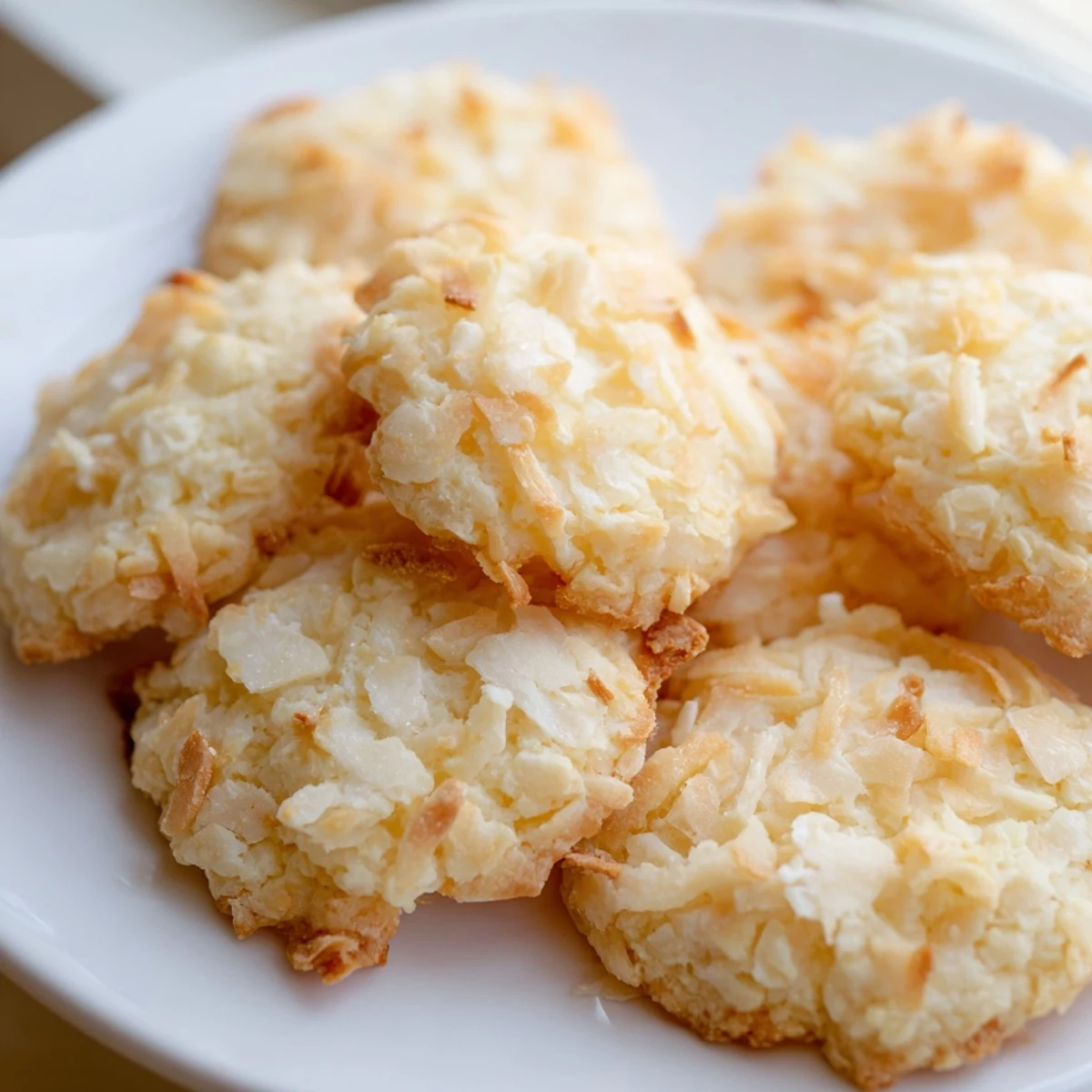 Chewy soft and buttery coconut cookies topped with extra shredded coconut cooling on a wire rack