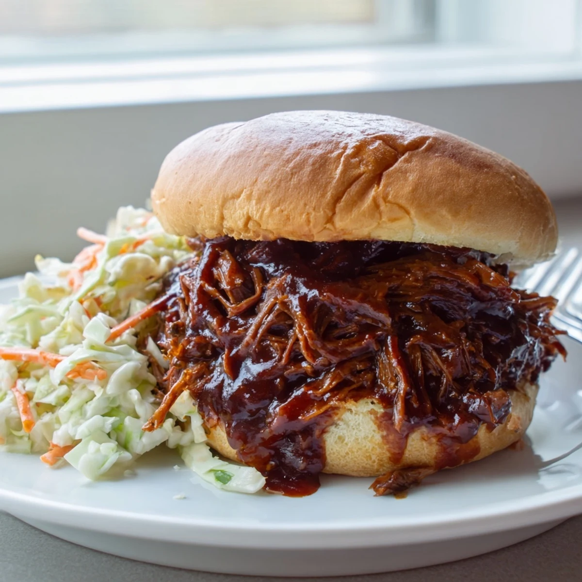 Slow Cooker BBQ Pulled Beef piled high on a toasted bun with creamy coleslaw