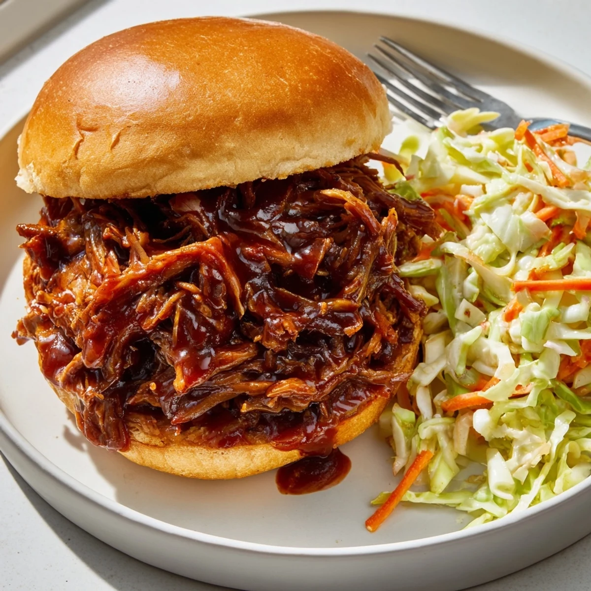 Tender Slow Cooker BBQ Pulled Beef glistening with tangy sweet smoky barbecue sauce