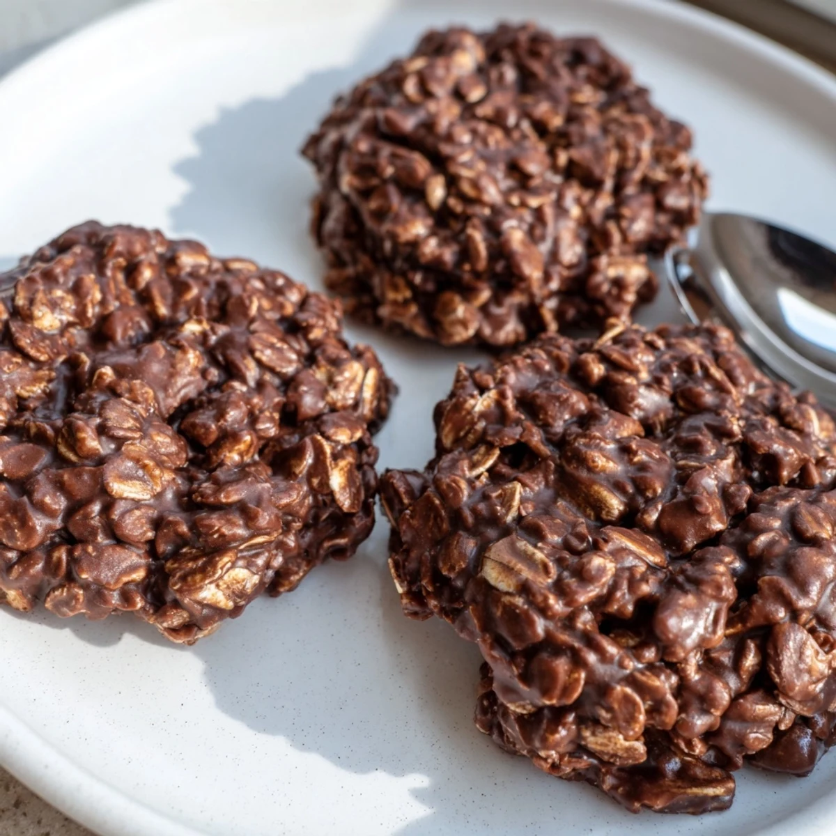 Fudgy chocolate oatmeal no bake cookies piled on a rustic parchment-lined baking sheet