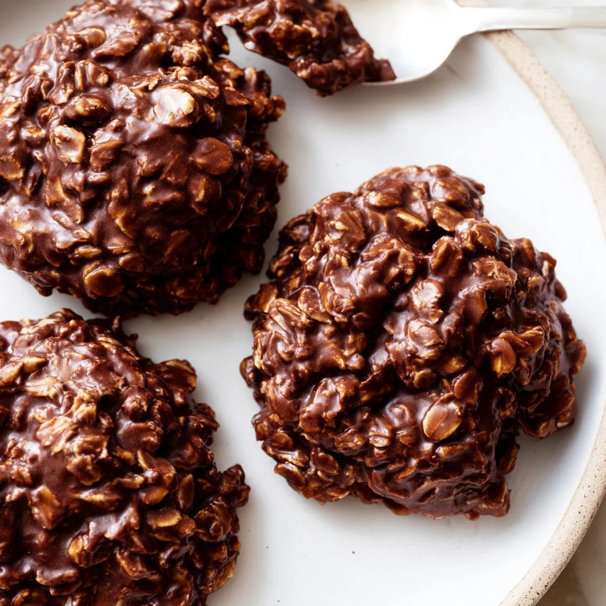 Chewy chocolate oatmeal no bake cookies cooling on wax paper beside a tall glass of milk
