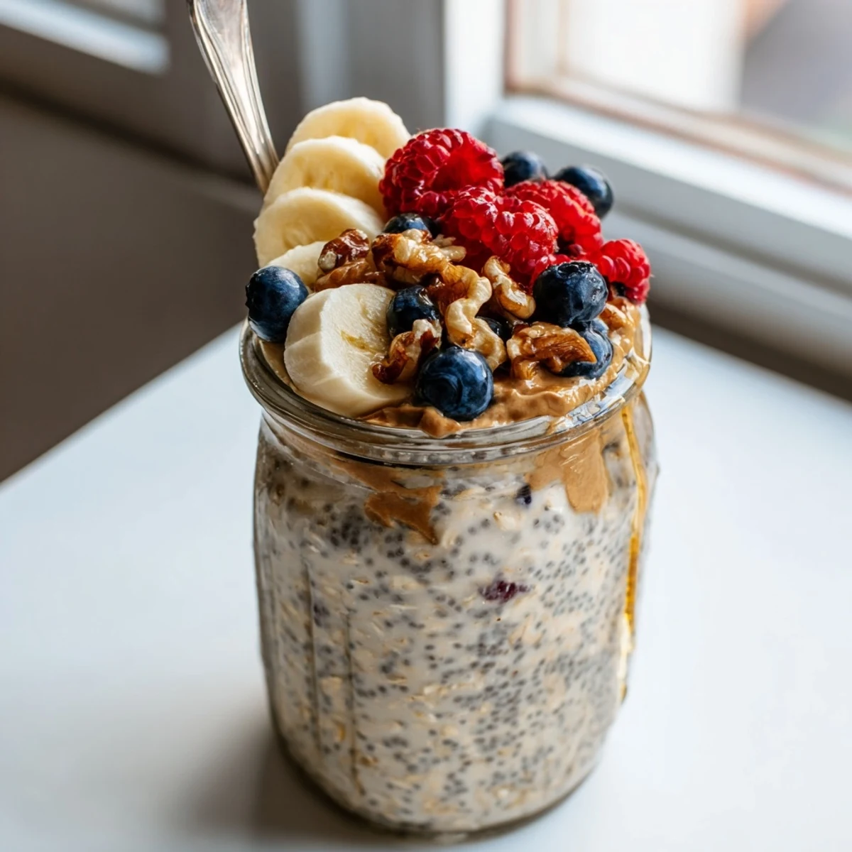 Creamy protein overnight oats topped with fresh berries and a drizzle of nut butter in a glass jar
