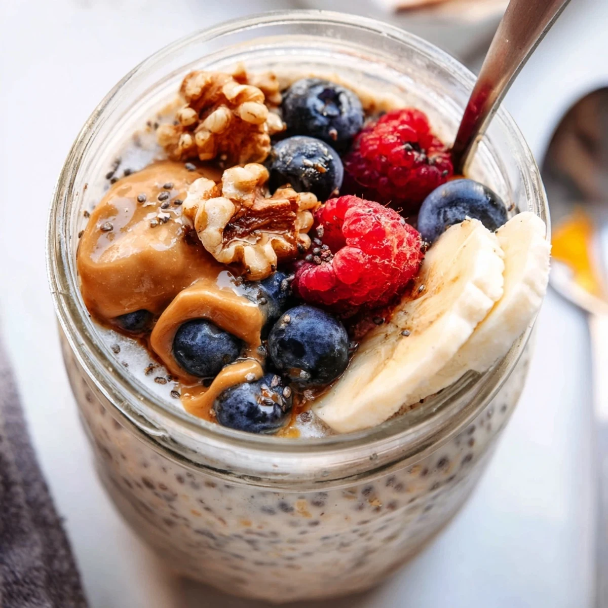 Velvety protein overnight oats swirled with Greek yogurt and chia seeds, crowned with juicy ripe strawberries